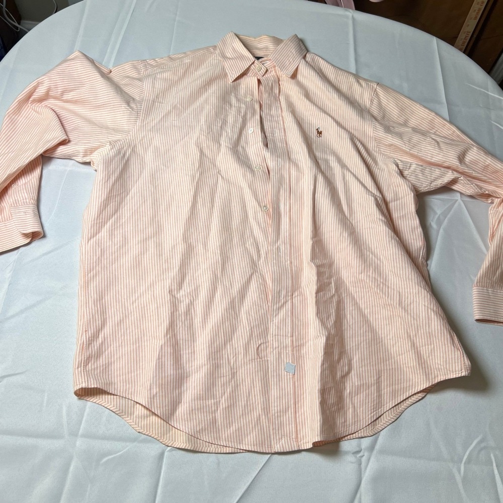 VTG Ralph Lauren Button Down Shirt Orange Stripe Long Sleeve‎ Polo Pony 17 34